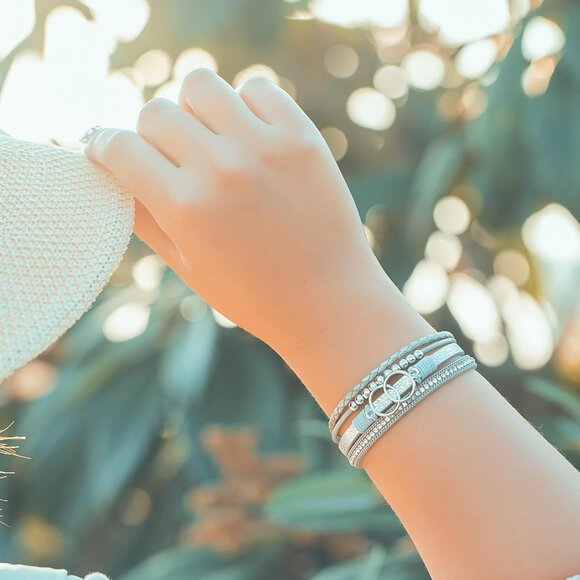 Layered Leather Cuff Bracelet with Magnetic Clasp - Meaningful Infinity Design - Picture 2 of 6